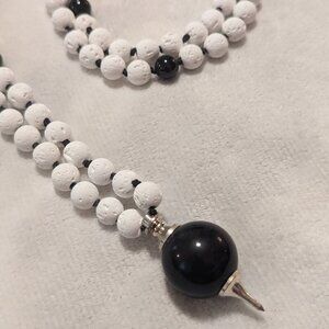 Handmade 108 bead mala White Lava and Black Tourmaline - pendulum divination